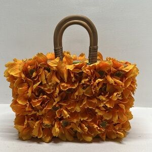 Gretchen Scott Floral Wicker Basket Bag Wooden Top Handles Purse Marigold Orange